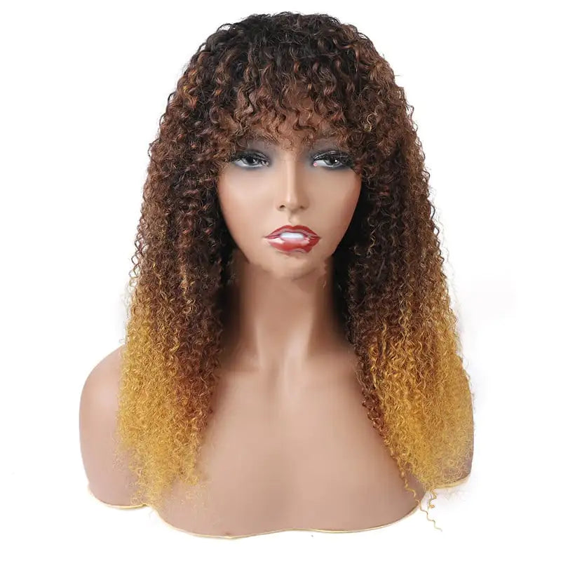 Real Hair Kinky Curly Wigs with Full Mechanism Headgear